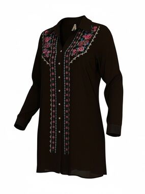 Rodeo Sheer Western Yolk Embroidered Black Button-Front Tunic Pink Rose Detail 🤠
